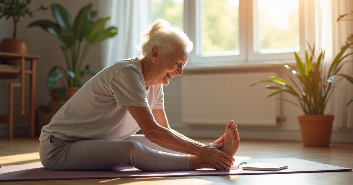 Idosa usando faixa para medir a flexibilidade das pernas com sorriso no rosto