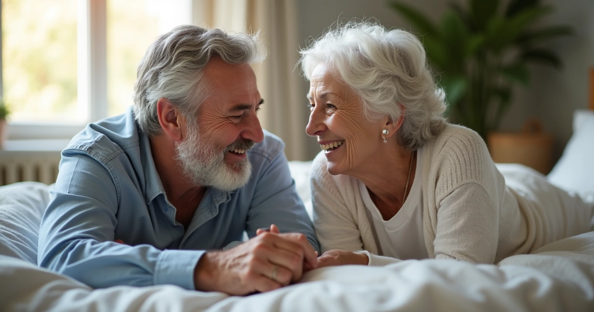 Homem mais velho e mulher sorrindo deitados na cama 