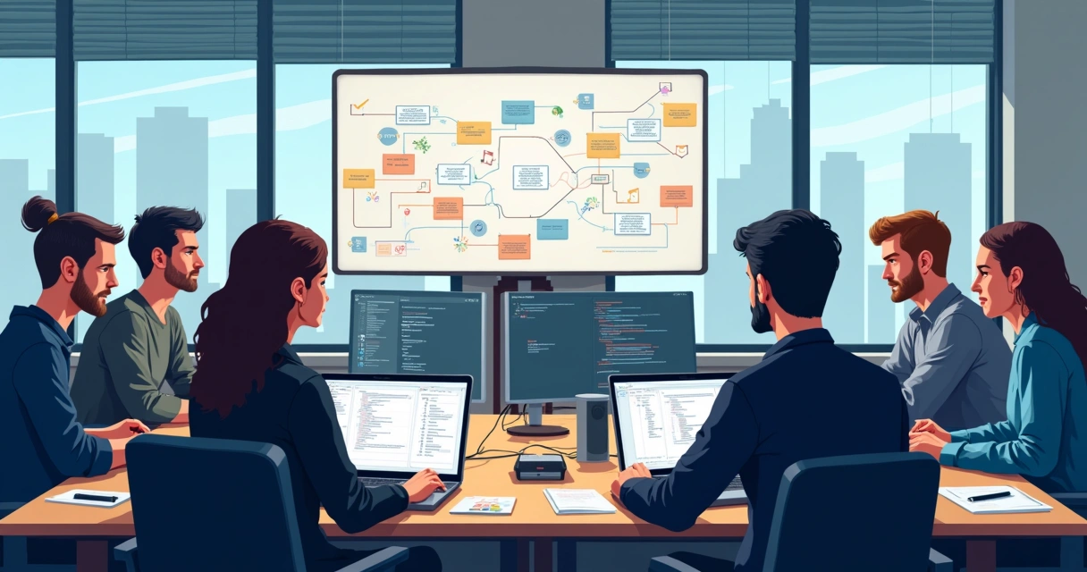 Equipe diversa de desenvolvedores em volta de computadores configurando IDEs e pipelines de automação 