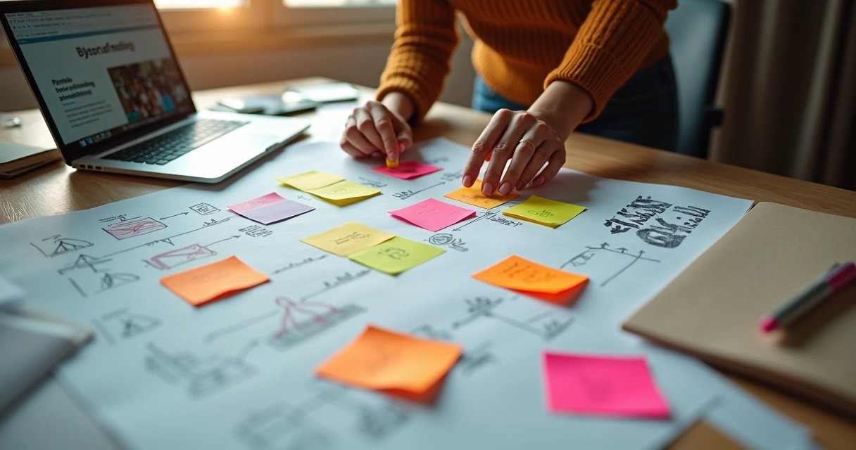 Pessoa sentada planejando campanha coletiva, papéis, notebook e gráficos sobre mesa