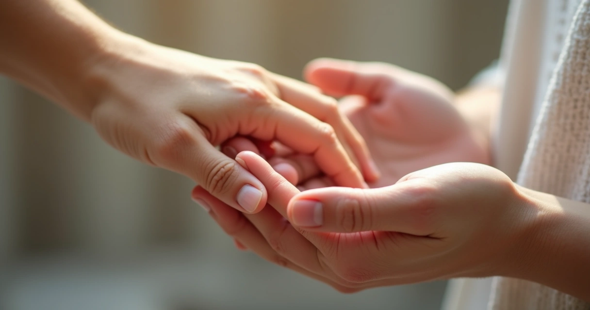 Mãos dadas, luz suave, foco nos detalhes dos dedos entrelaçados 