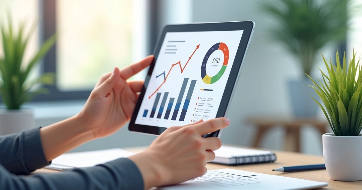 Pessoa analisando dados de SEO em tablet 