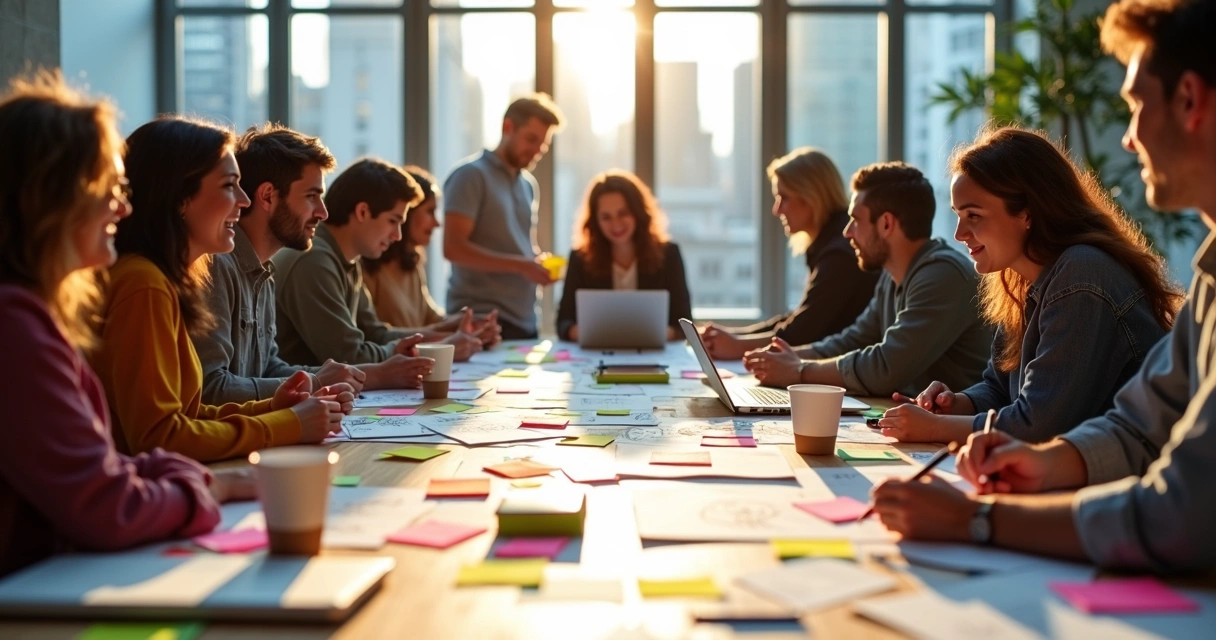 Equipe discutindo uma ideia em uma mesa com papéis e computadores