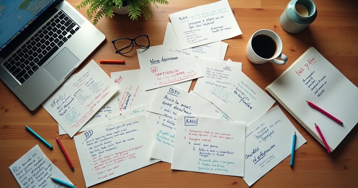 Mesa de trabalho com papéis rabiscados, xícara de café, e sugestões de nomes de hotéis escritas à mão 