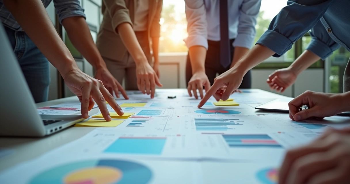 Mesa de trabalho com planilhas, post-its e notebooks, equipe analisando dados. 