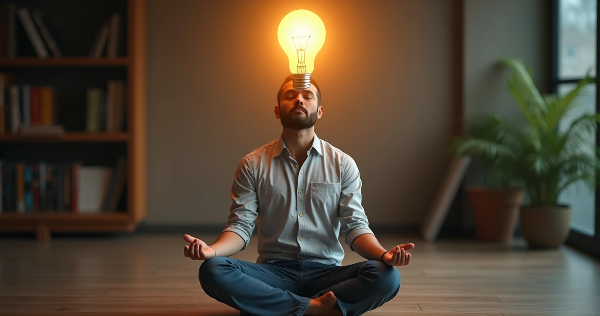 Homem sentado em posição de lótus meditando, com uma lâmpada brilhando acima da cabeça, representando o surgimento de uma ideia criativa 