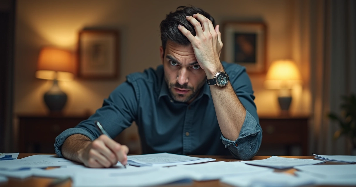Homem sentado, mão na cabeça, papéis ao redor, expressão tensa