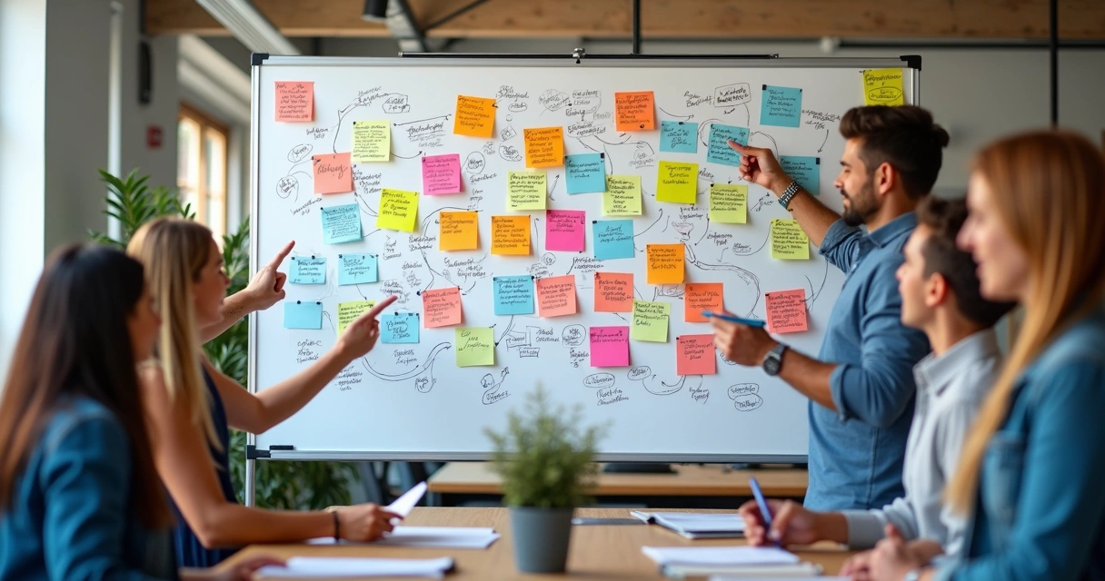 Quadro branco com várias ideias de conteúdo escritas com canetas coloridas e post-its colados 