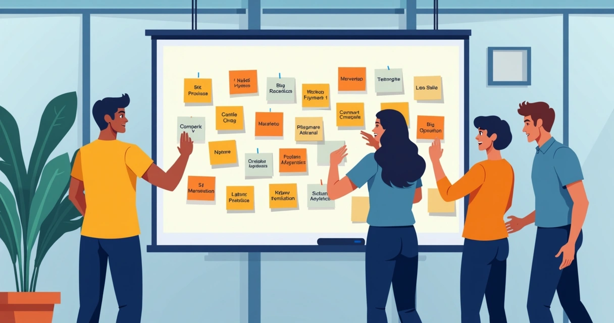 Várias pessoas fazendo brainstorm em um quadro branco digital, post-its coloridos e nomes de blog misturados 