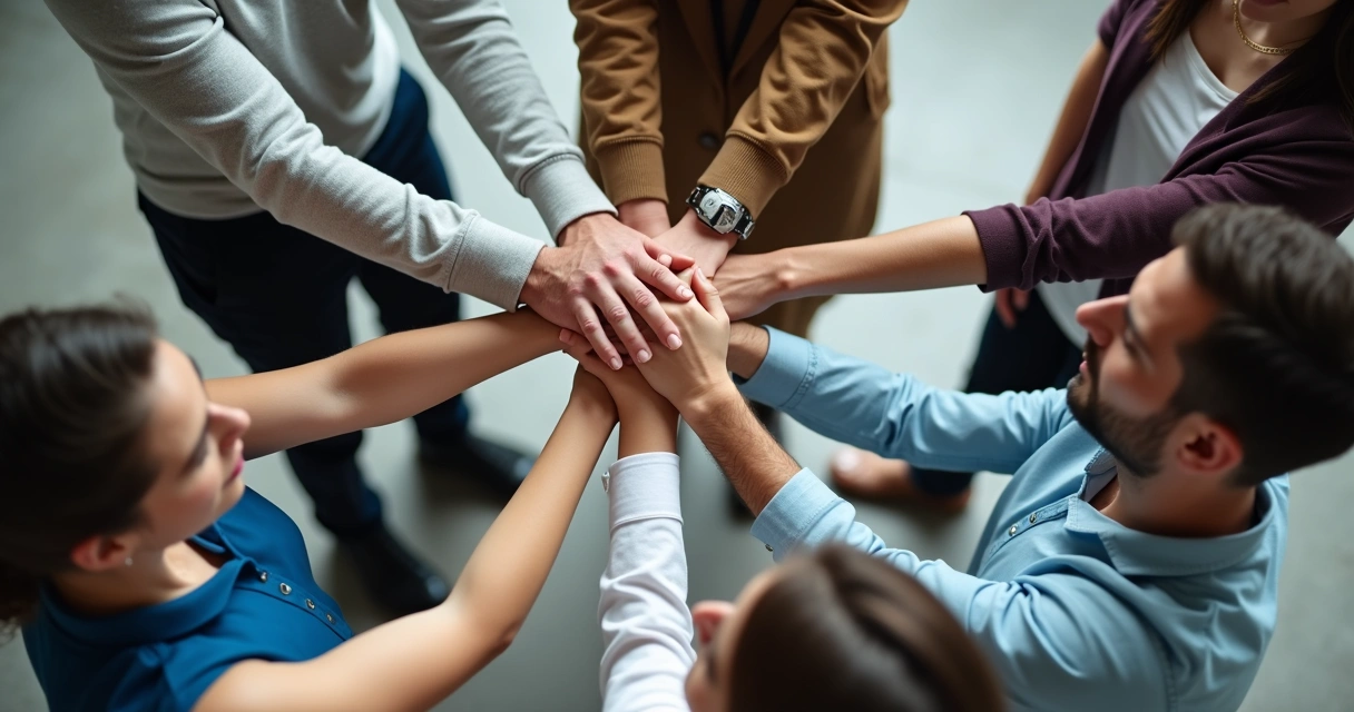 Mãos de uma equipe reunida ao centro ilustrando união e alinhamento de valores