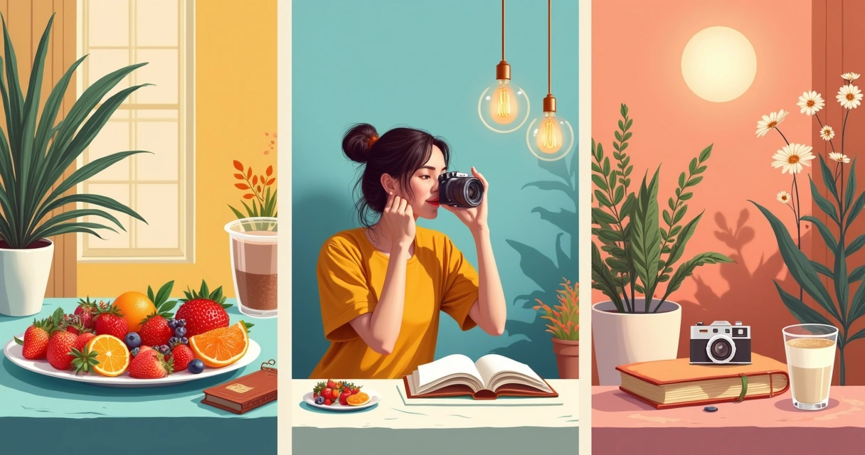Composição colorida de ideias de fotos para Instagram, incluindo café da manhã, natureza e energia criativa.