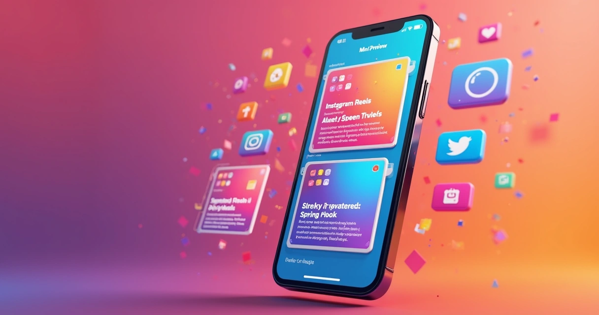Celular mostrando várias prévias de vídeos Reels do Instagram em tela colorida 
