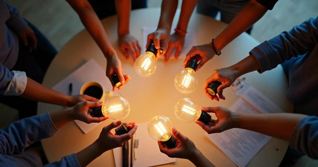 Várias mãos segurando lâmpadas acesas colaborativamente. 