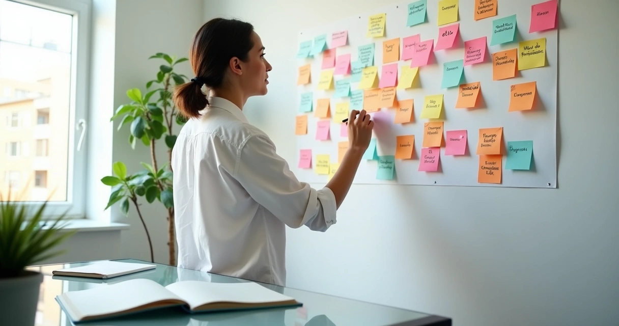 Profissional escrevendo ideias inovadoras em post-its coloridos em parede branca. 