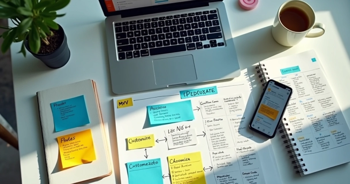 Pessoa mapeando ideias de produto digital em mesa com notebook e notas adesivas 