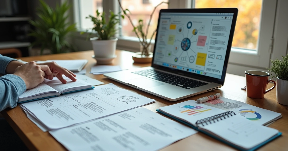Mesa de trabalho com cadernos, notebook e gráficos de ideias de negócio geradas por ia
