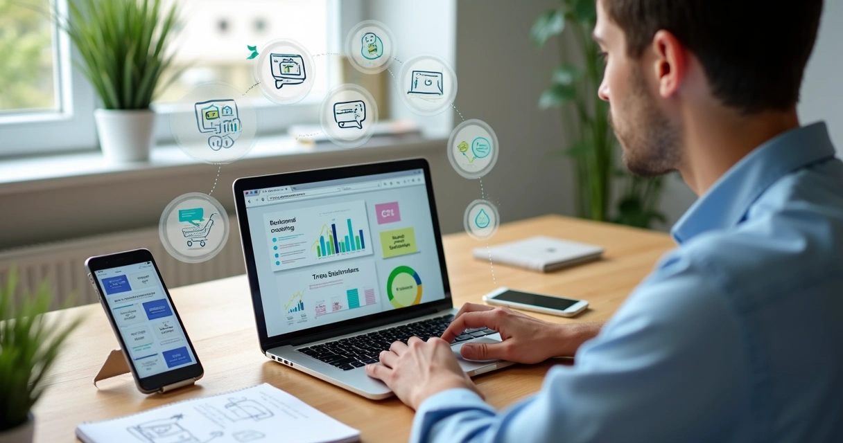 Empreendedor analisando ideias de negócios digitais lucrativas em 2026 no notebook 