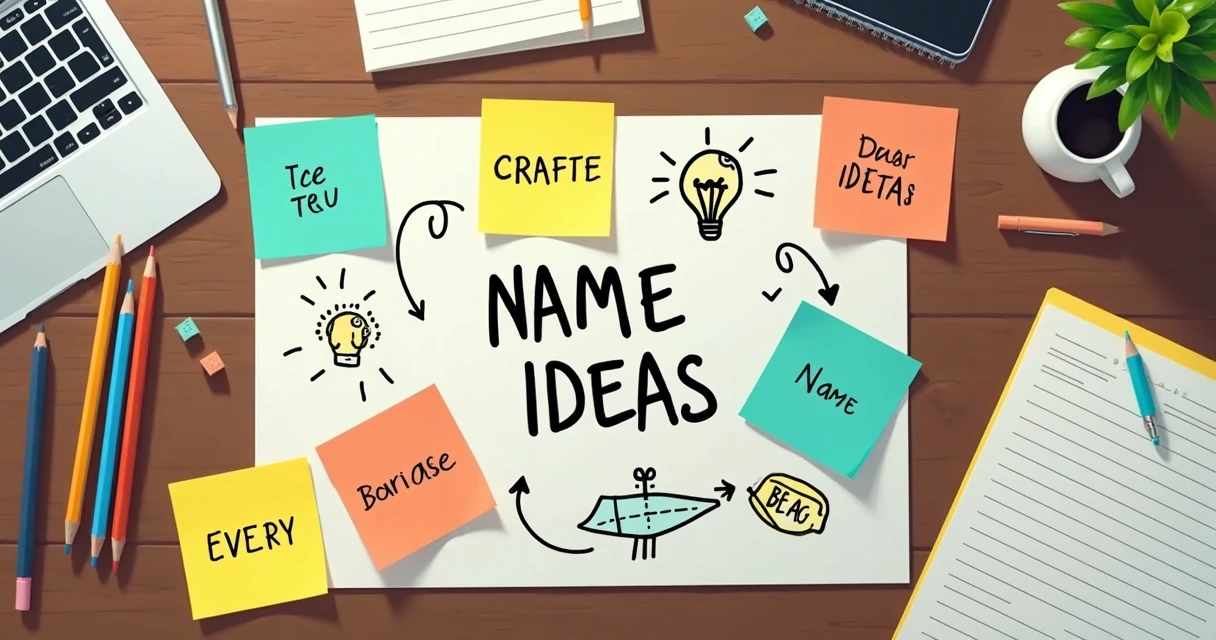 Ideias criativas desenhadas em blocos e papéis, com lápis, voltadas para nomes de blog 