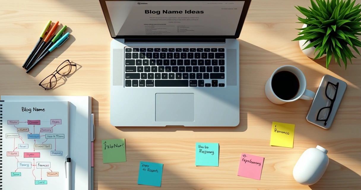 Mesa criativa vista de cima com computador, anotações de nomes de blog e cartões coloridos organizados 