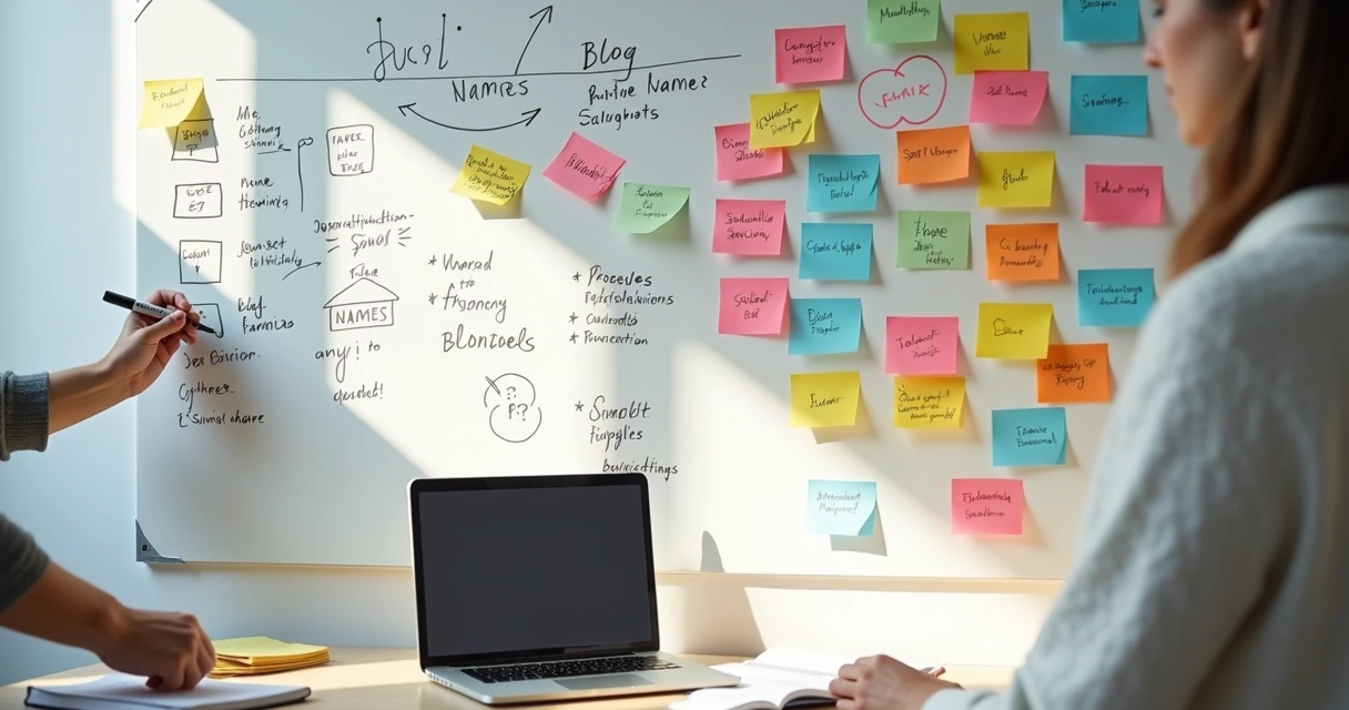 Quadro branco cheio de ideias de nomes para blog com mãos escrevendo e marcando opções 