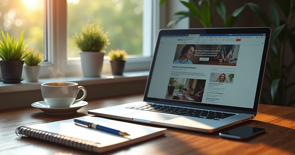 Mesa de trabalho com notebook aberto exibindo página de blog, caderno com anotações, caneta, xícara de café e plantas ao redor 