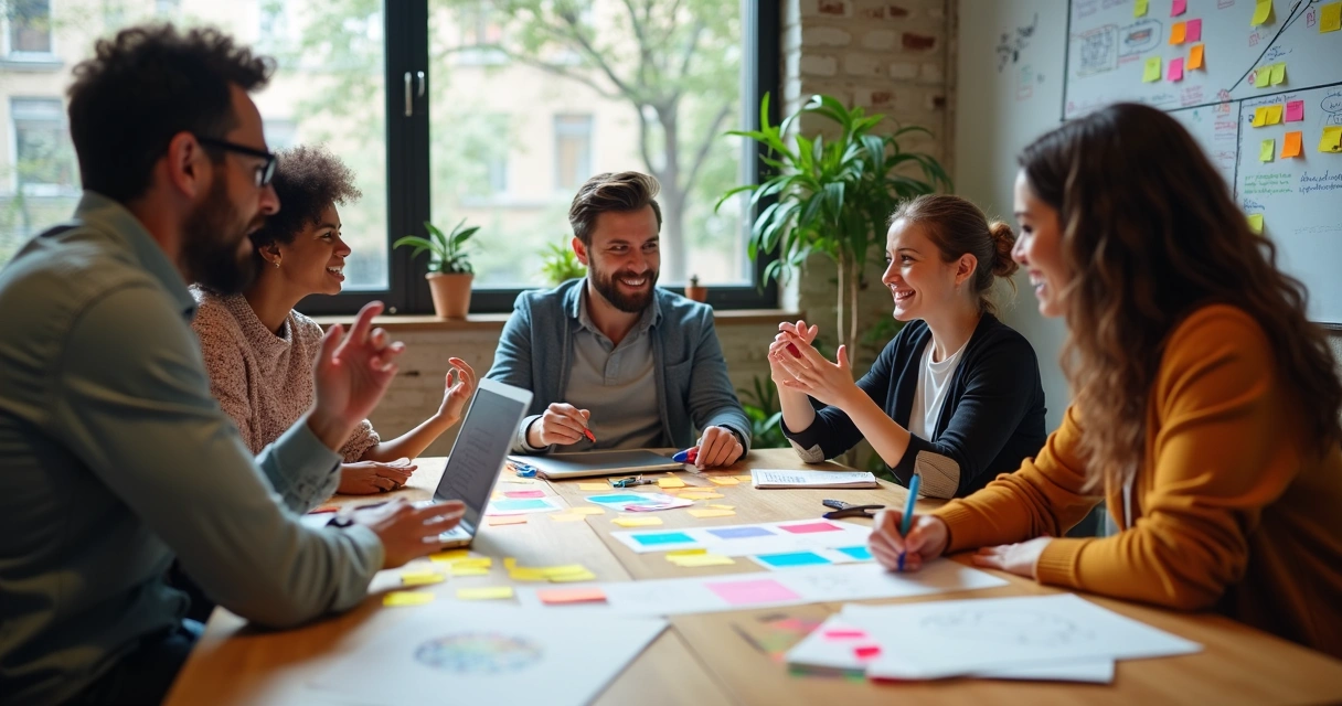 Várias pessoas em brainstorming ao redor de mesa com anotações e post-its coloridos 