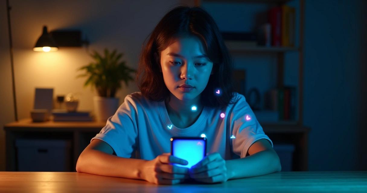 Rostro dividido entre luz cálida y pantalla de redes sociales 