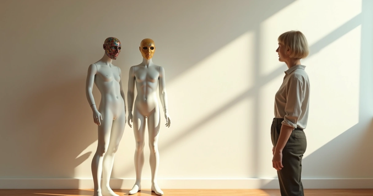 Adulto observa un maniquí cubierto por varias máscaras colgantes 