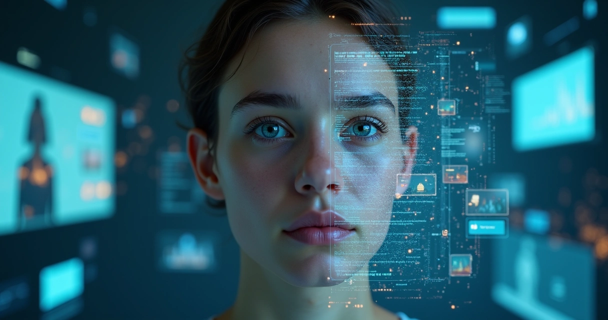 Rostro humano fusionado con interfaz digital y múltiples pantallas 