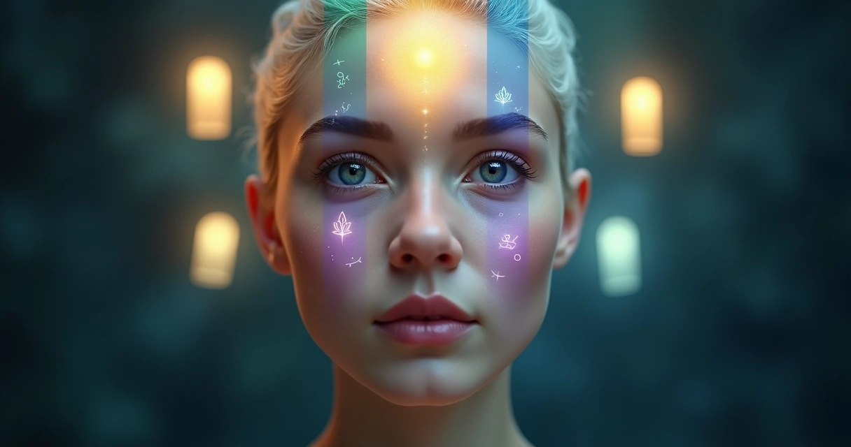 Rostro dividido en cinco secciones con símbolos de desarrollo humano alrededor 