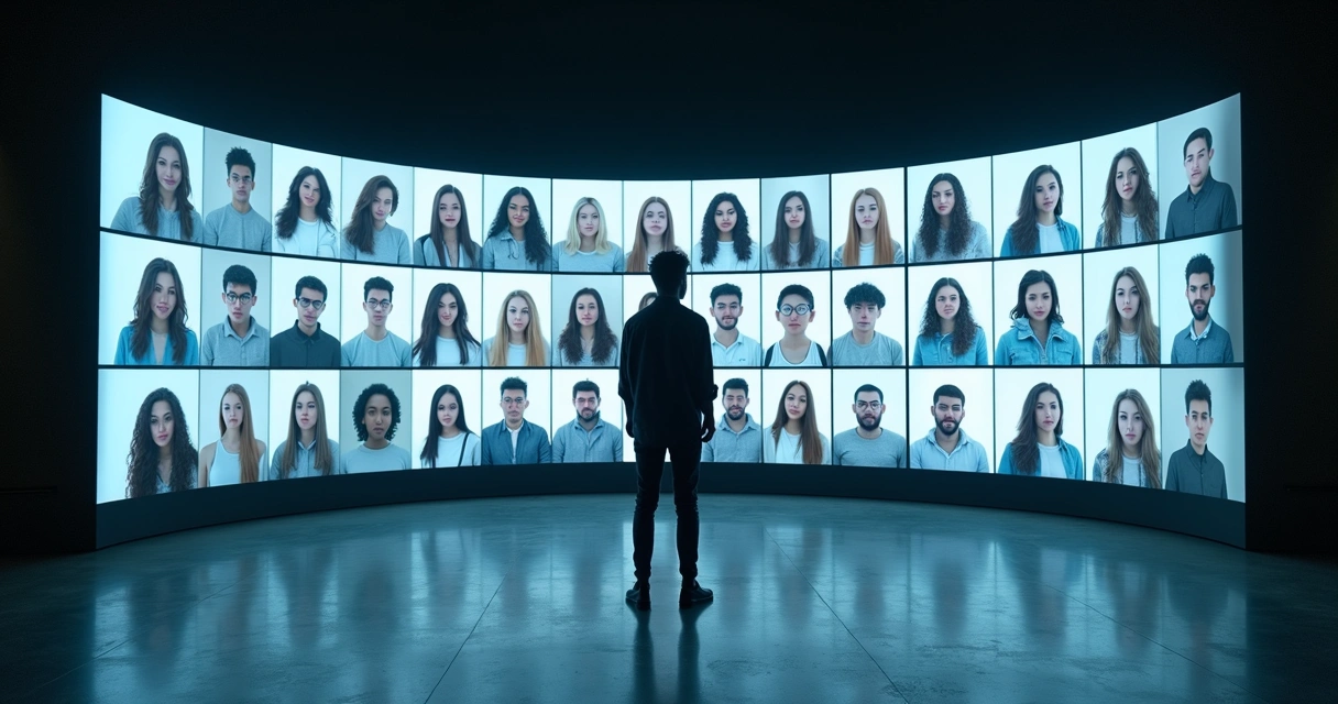 Pessoa observando parede curva de telas refletindo diferentes versões de si mesma 