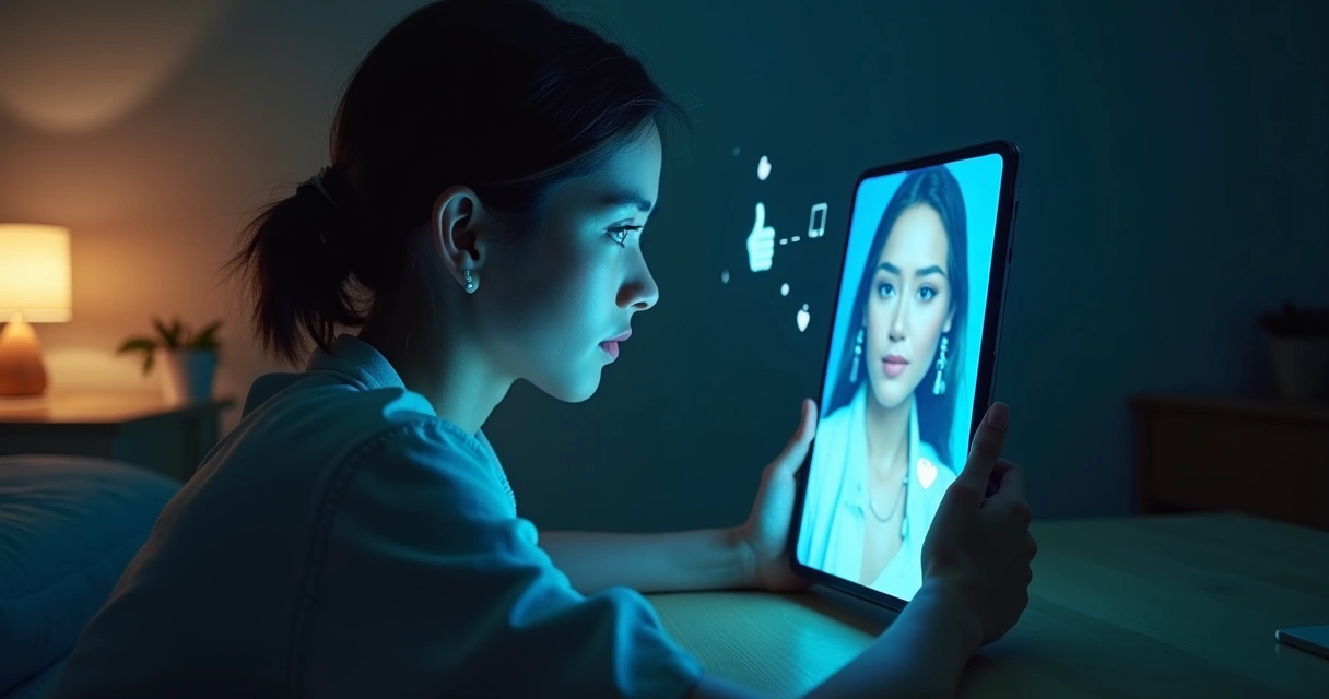 Pessoa olhando para reflexo dividido entre máscara digital e rosto real 