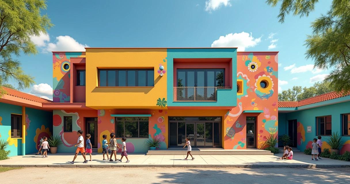 Fachada de escola com referências culturais locais em murais e elementos arquitetônicos 