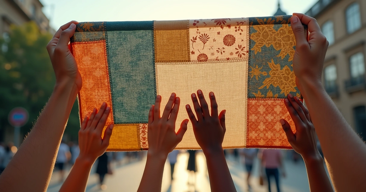 Mãos diversas segurando tecido patchwork com diferentes padrões culturais 
