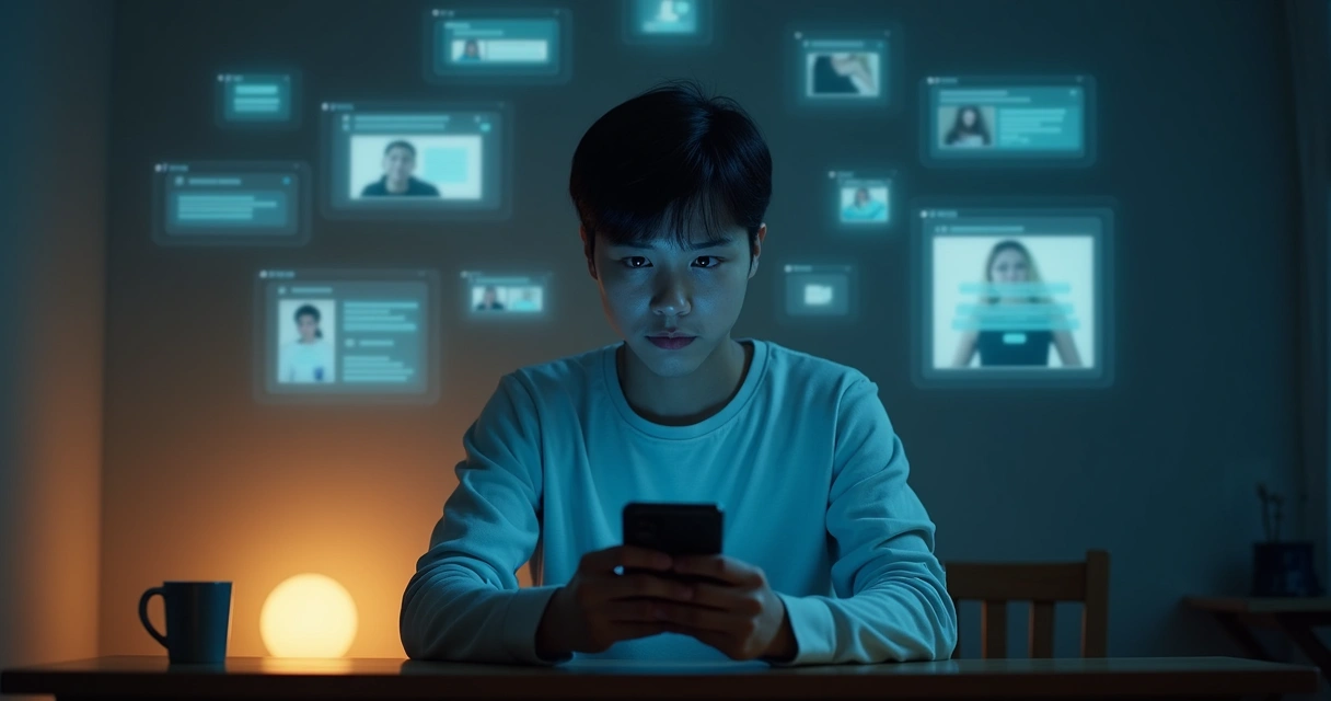 Pessoa com celular na mão observando múltiplas janelas de redes sociais ao redor 