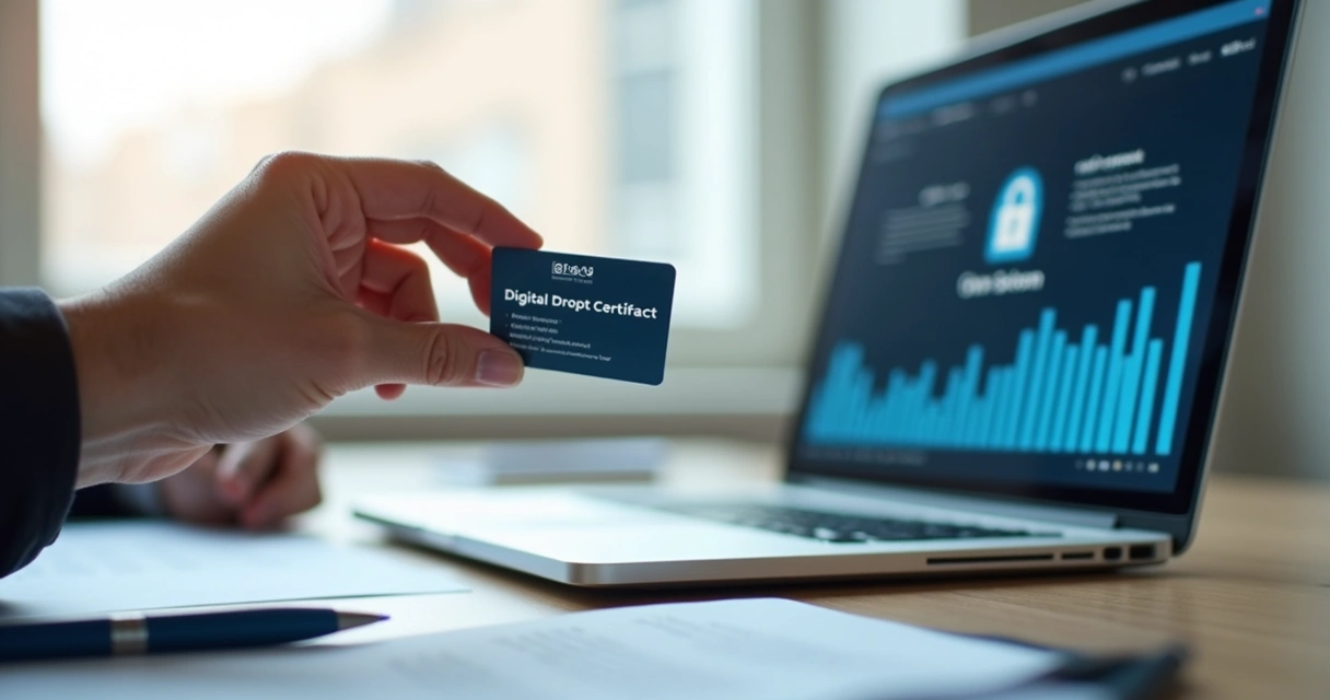 Pessoa segurando cartão de certificado digital na frente de laptop com tela aberta em plataforma de contratos digitais 