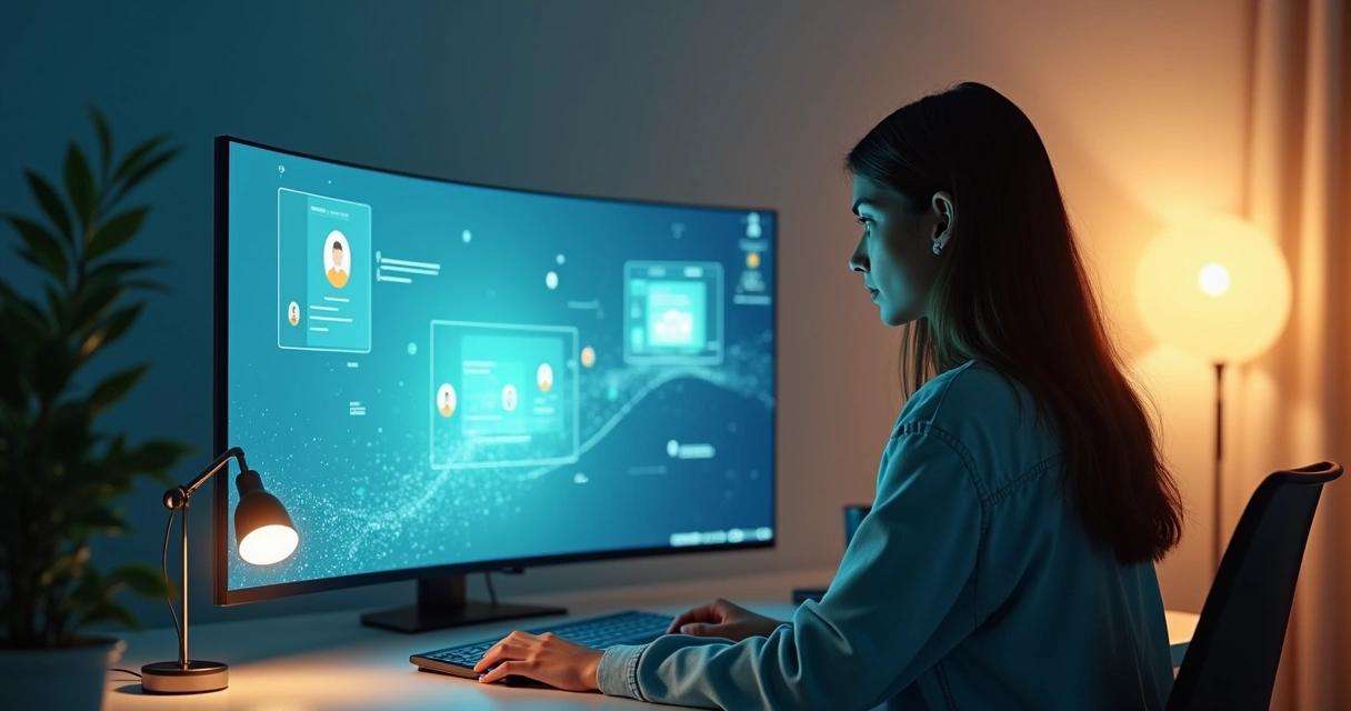 Usuária olhando para várias telas digitais alinhadas com mesma identidade visual 