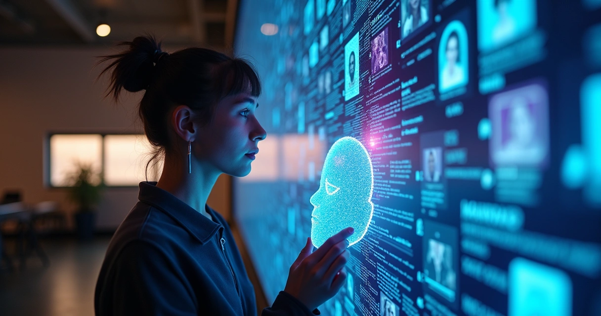 Pessoa removendo máscara digital em frente a tela cheia de redes sociais 