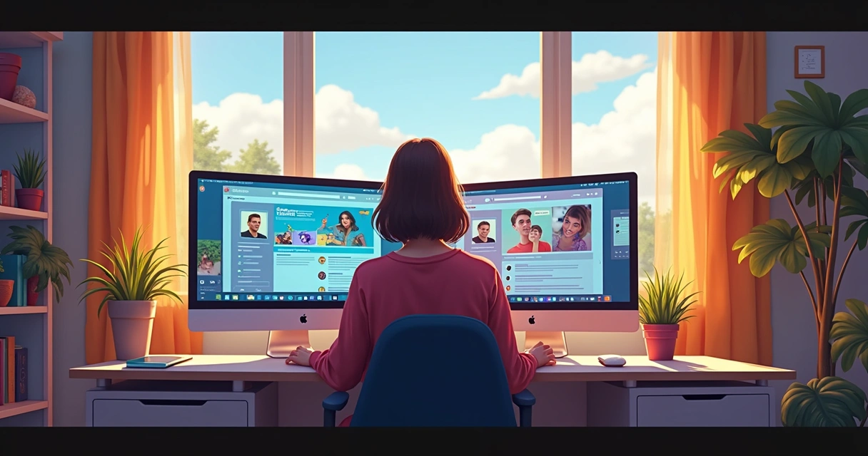 Pessoa em frente a dois monitores, mostrando perfis distintos nas redes sociais