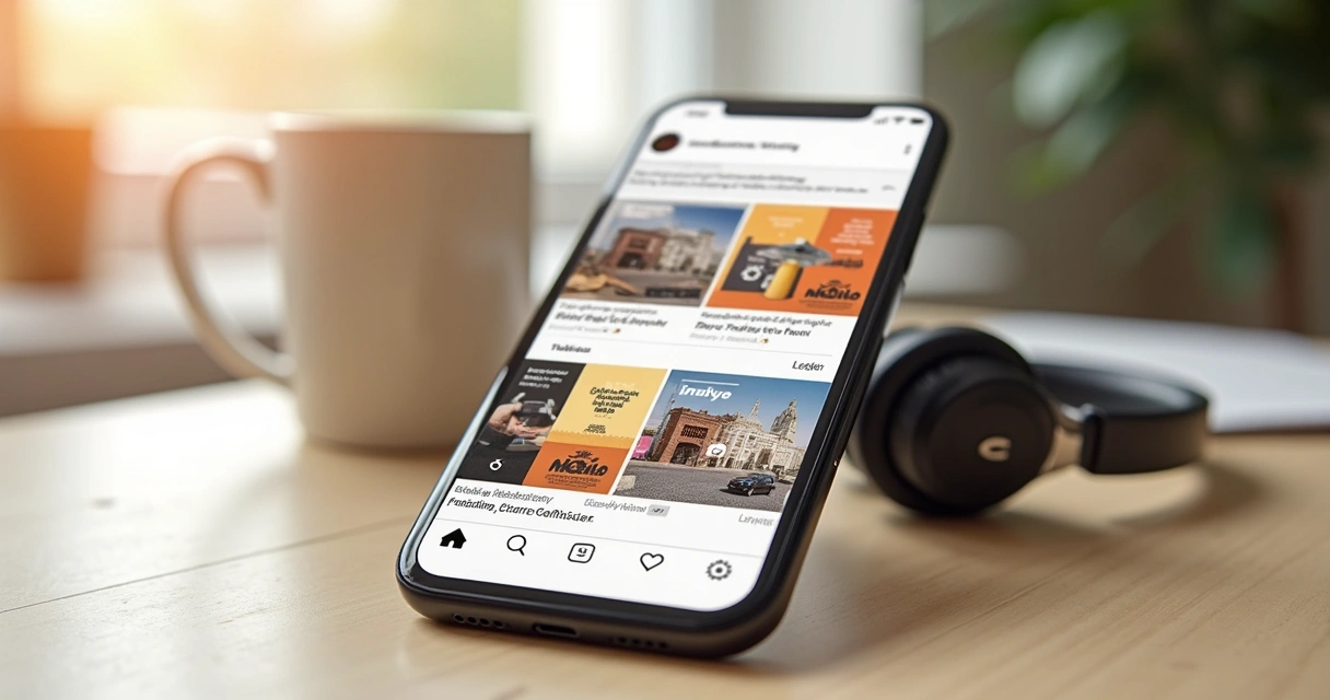 Celular exibindo feed de redes sociais com posts visualmente integrados