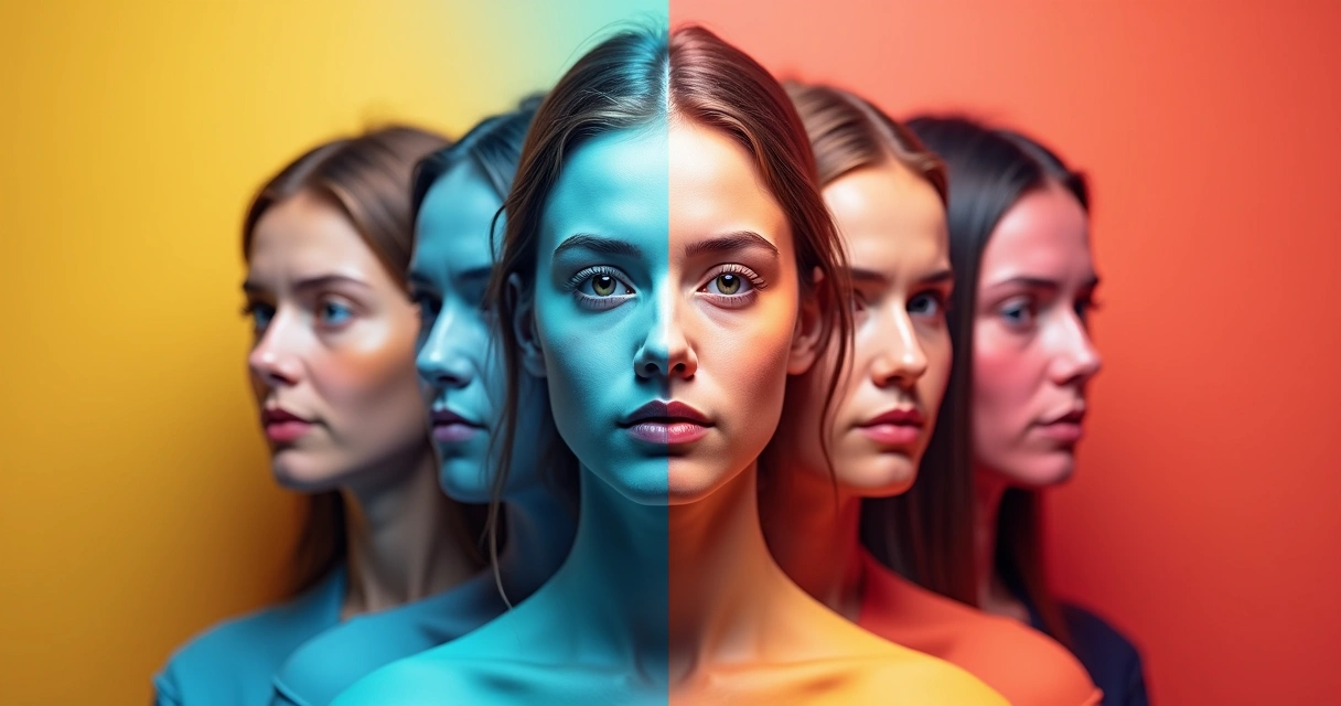 Avatar digital com múltiplas expressões em fundo colorido 