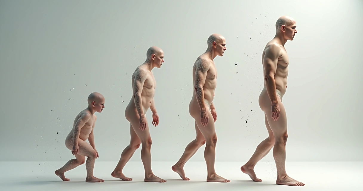 Pessoa em transição, com elementos visuais de evolução 