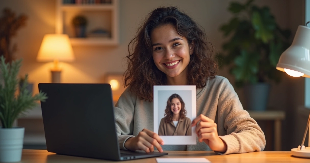 Pessoa em frente ao notebook sorrindo enquanto segura uma foto impressa de si mesma.
