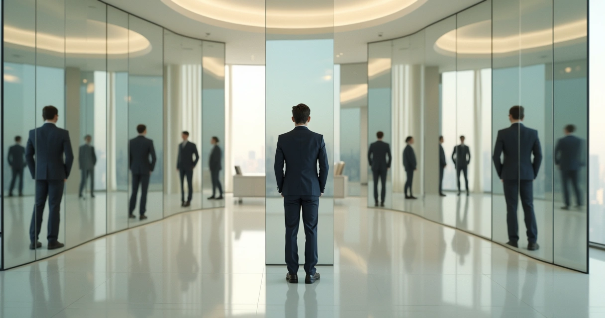 Pessoa observando múltiplos reflexos diferentes em espelhos que simbolizam identidade e cultura 