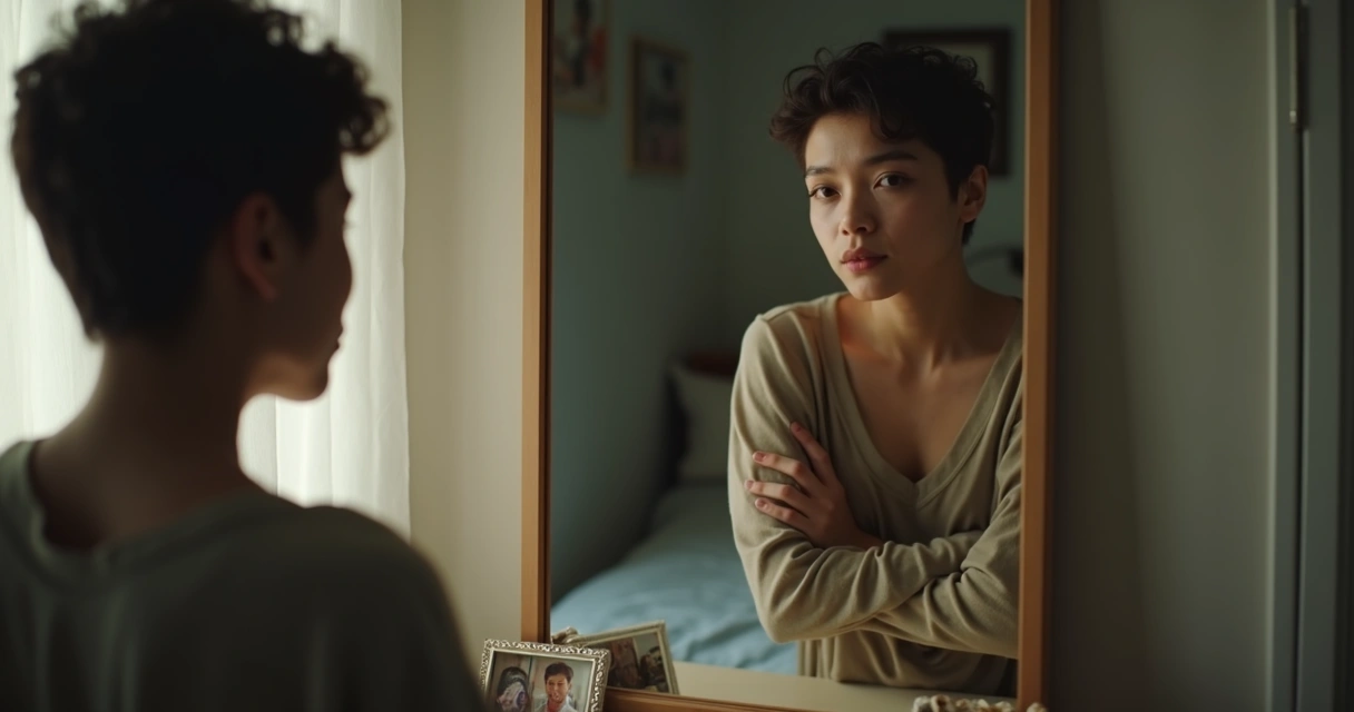 Pessoa olhando para o espelho, pensativa, refletindo sobre sua identidade 