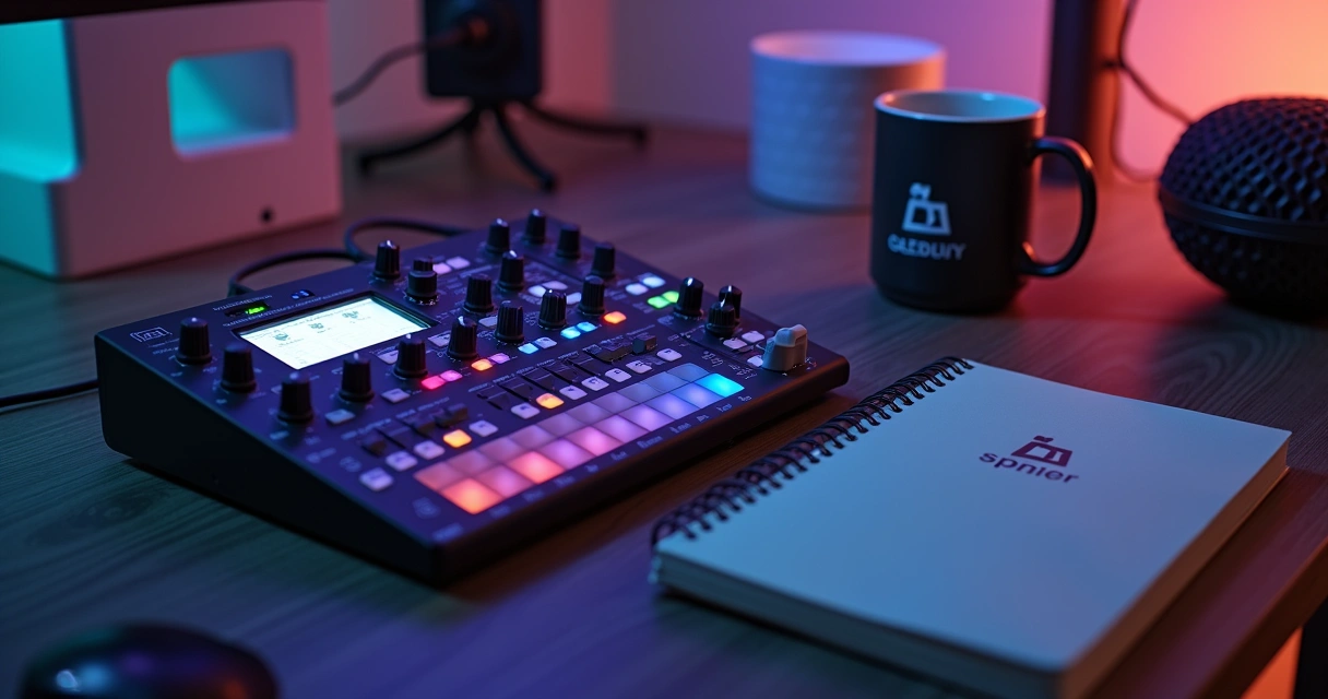 Mesa de som para podcast com branding visual e notebook com logo da empresa 