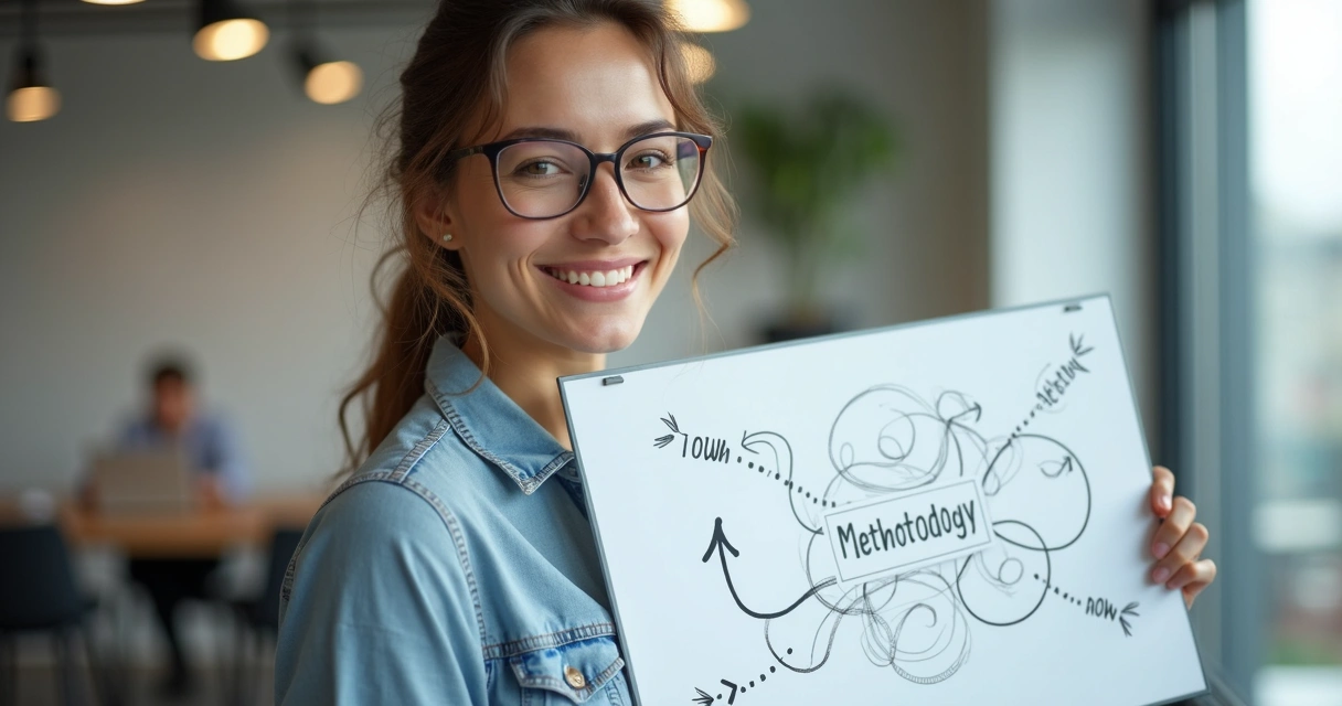 Profissional sorridente segurando um quadro com o próprio método escrito, rodeado por símbolos de identidade e crescimento.