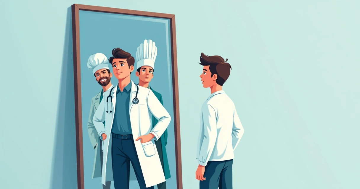 Jovem formando identidade profissional na frente do espelho 