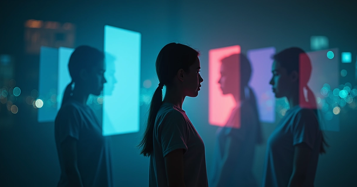 Pessoa jovem olhando para o próprio reflexo cercado por telas de redes sociais 