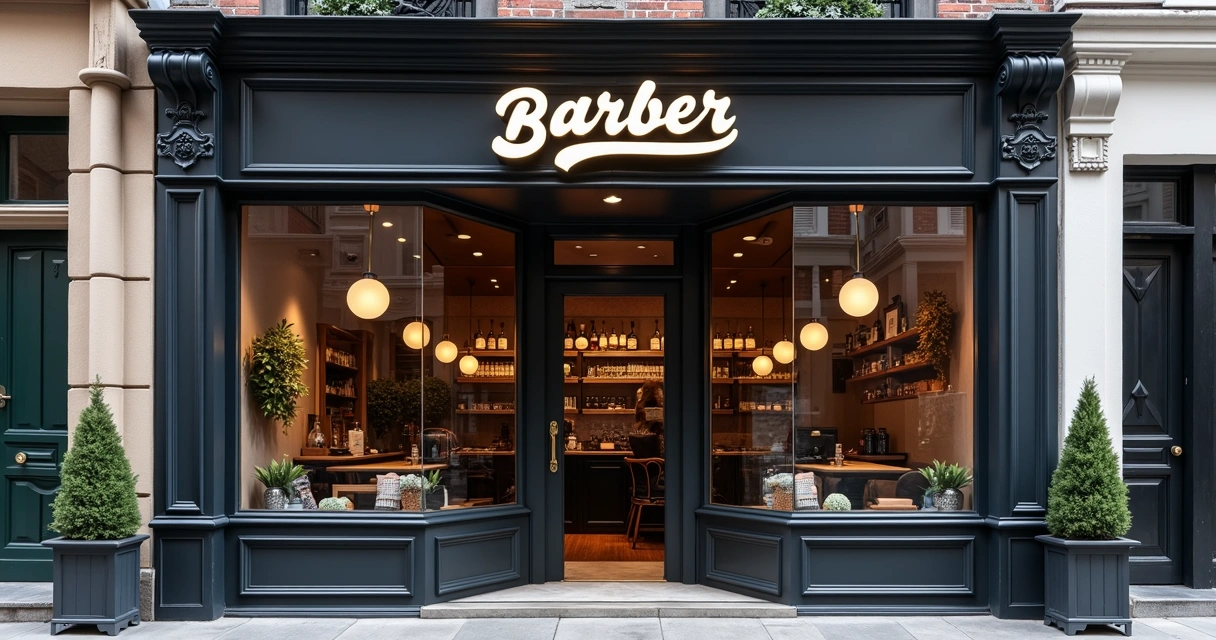 Logo estilizada de barbearia com fachada padronizada